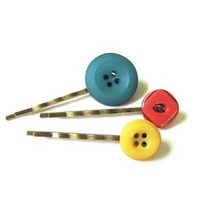 Dark Teal, Yellow, and Red Button Bobby Pin Set